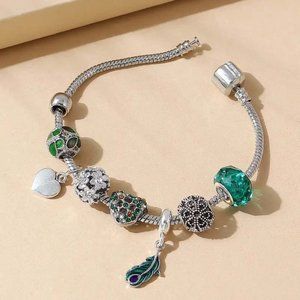 BEAUTIFUL PEACOCK FEATHER RHINESTONE HEART FLOWER CHARM SNAKE CHAIN BRACELET 30
